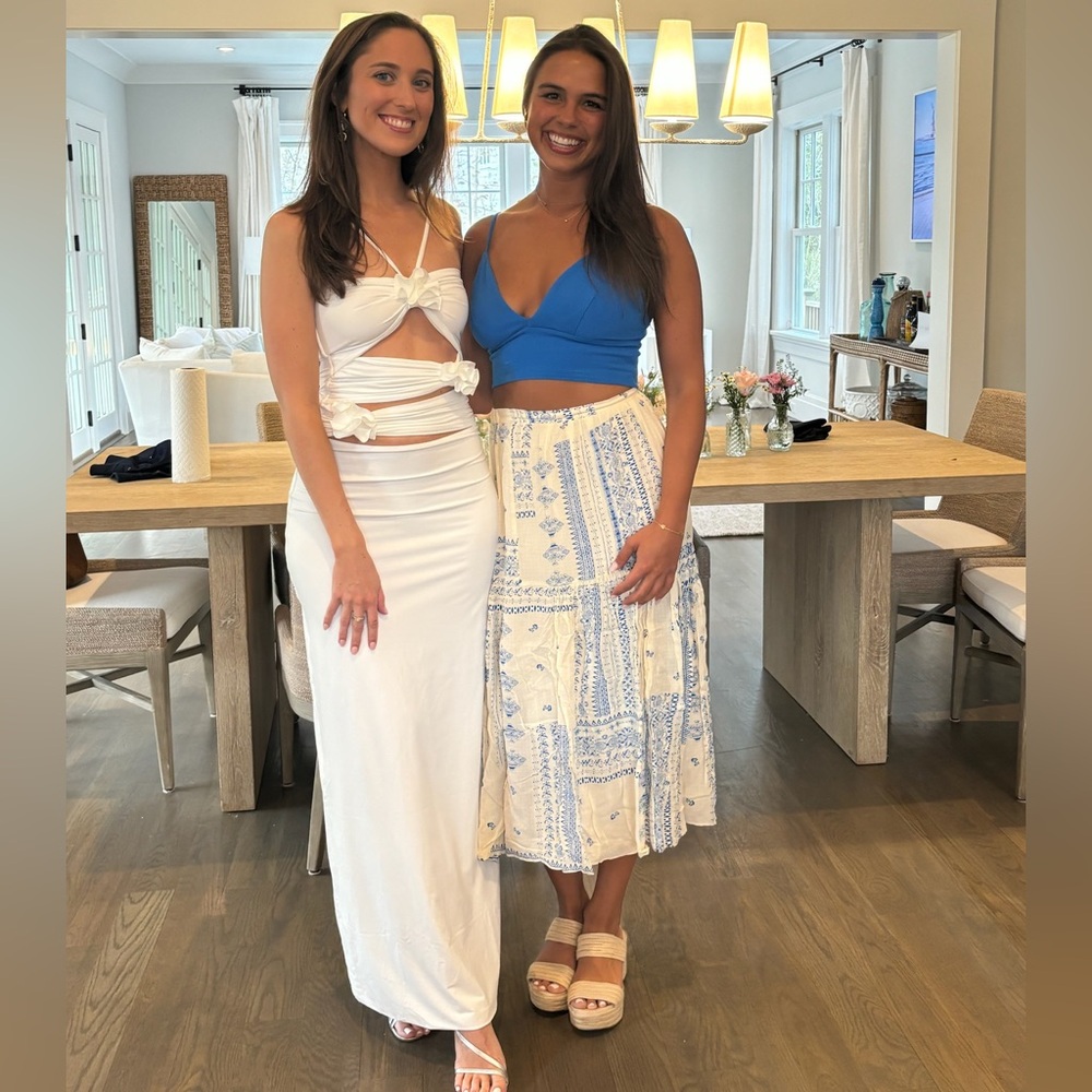 ba&sh Blue and White Pleated Midi Skirt